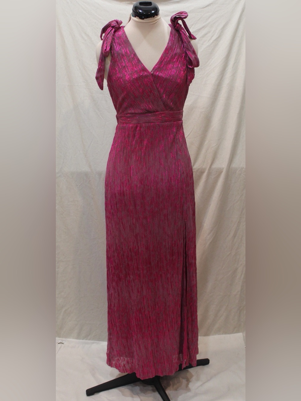 Anthropologie Hot Pink Metallic Pleated Maxi Dress Tie Shoulder Side Slit Size S